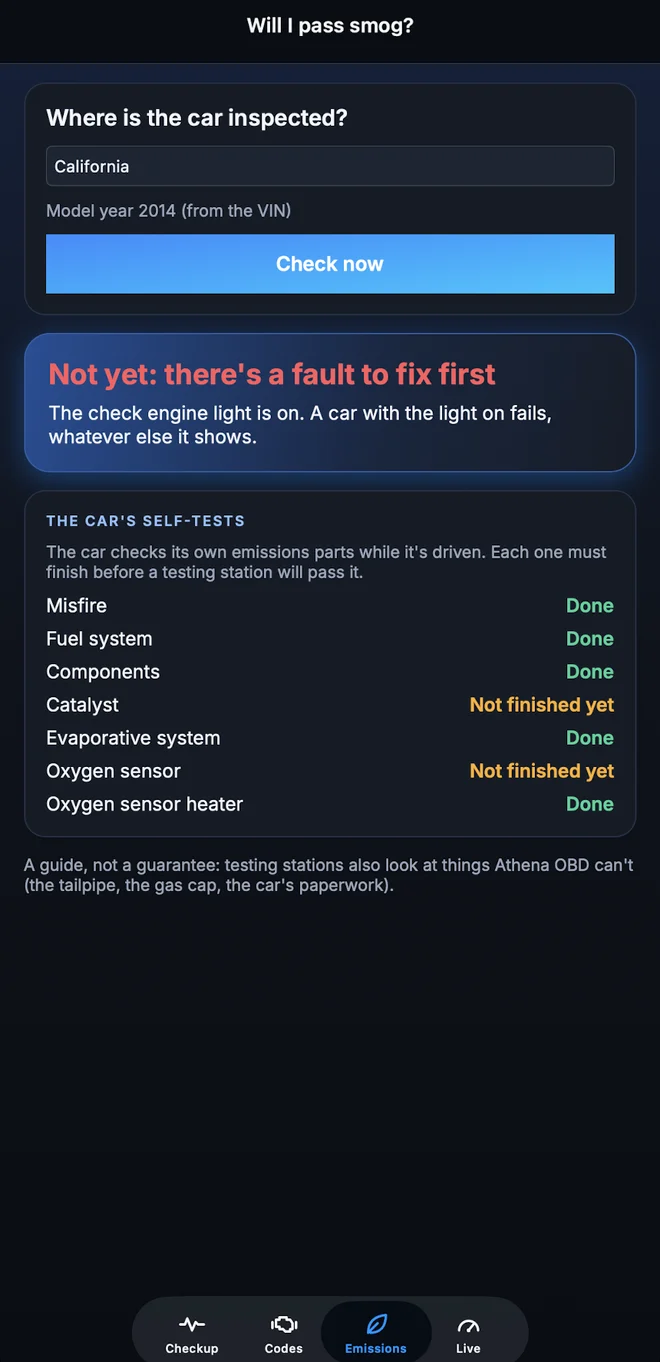 Will I pass my emissions test: not yet, there's a fault to fix first, with the car's self-tests listed