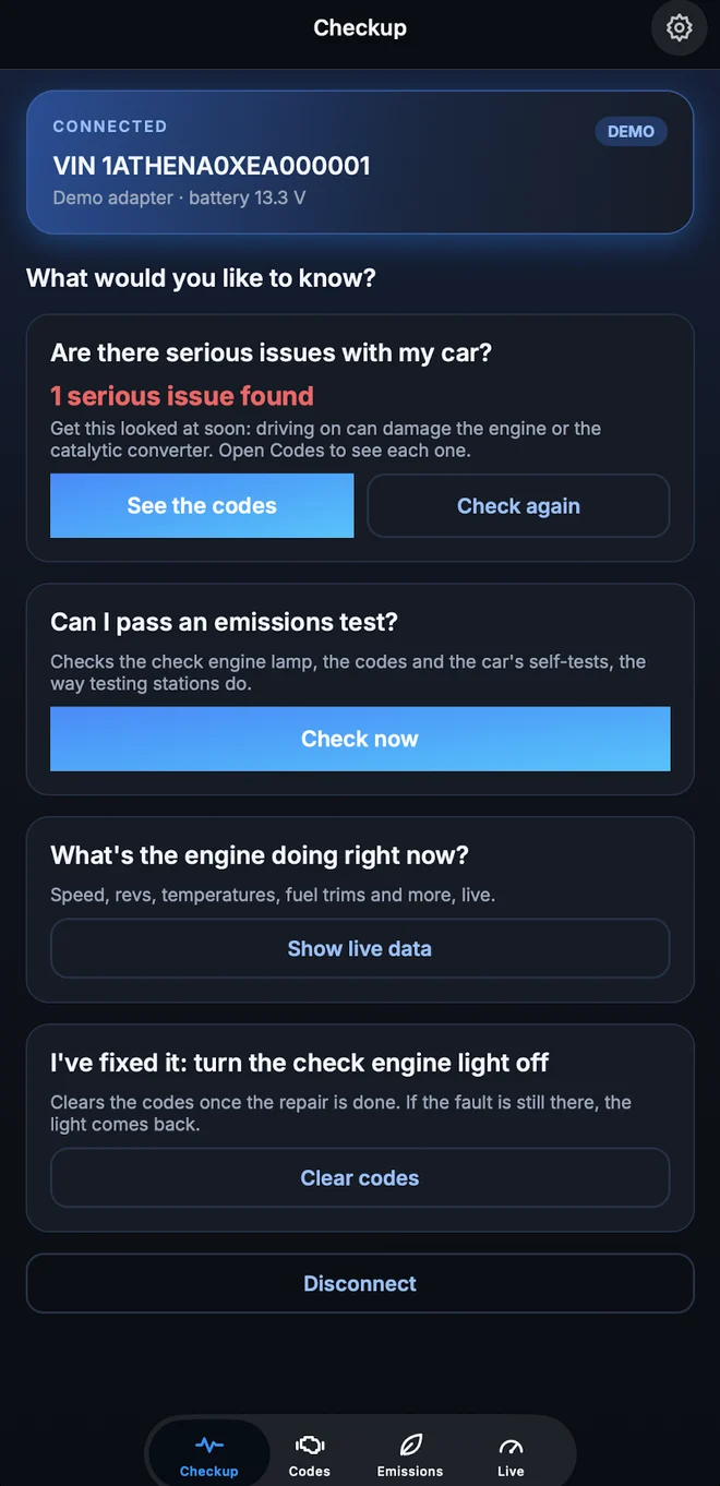 The Athena OBD app's checkup: one serious issue found, with buttons to see the codes, check for an emissions test, show live data and clear codes